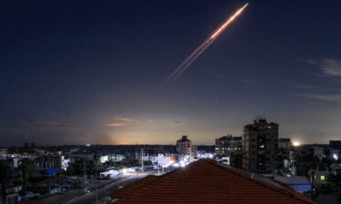A missile launched from Iran is pictured in the sky from the Bureij camp for Palestinian refugees in central Gaza on March 1.