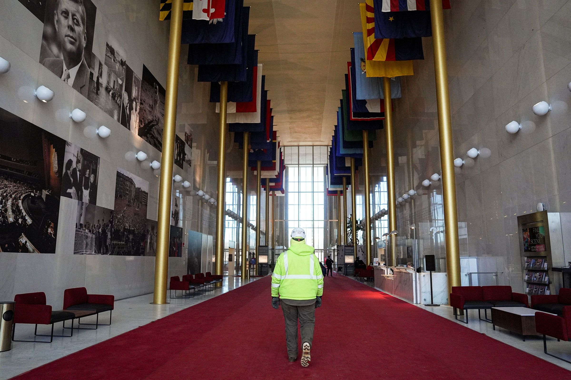 <i>Al Drago/Reuters/File via CNN Newsource</i><br/>A worker walks through the Hall of States at the John F. Kennedy Memorial Center for the Performing Arts