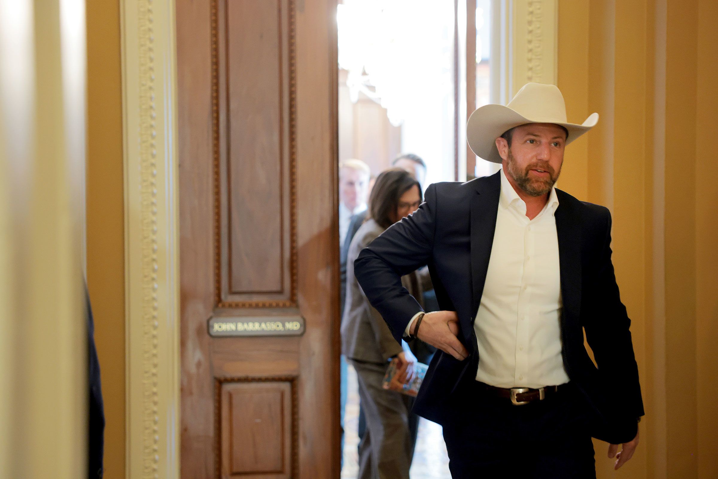 <i>Anna Moneymaker/Getty Images/File via CNN Newsource</i><br/>Sen. Markwayne Mullin arrives to the weekly Senate Republican policy luncheon at the US Capitol on January 28