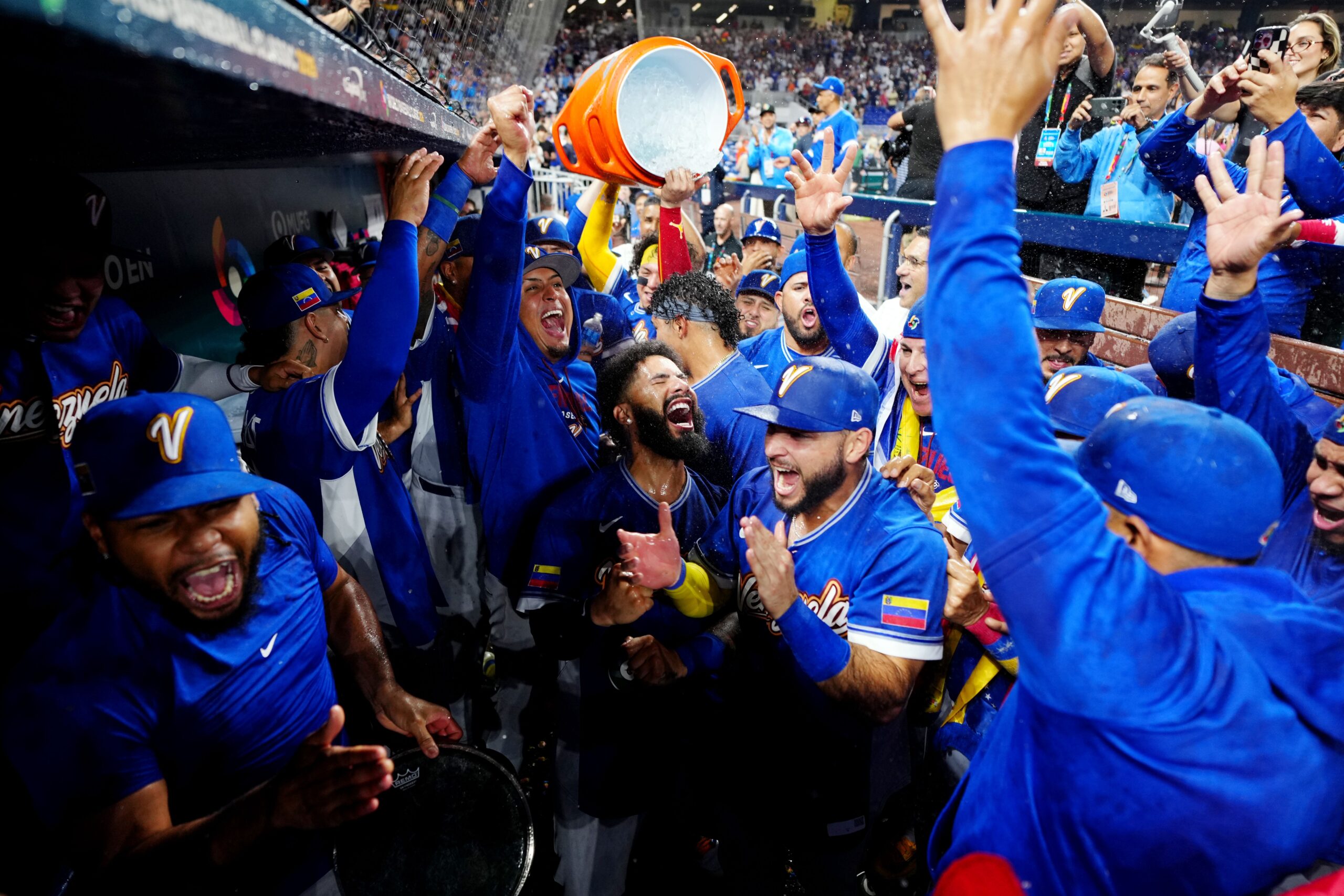 <i>Daniel Shirey/MLB/Getty Images via CNN Newsource</i><br/>Gleyber Torres celebrates with teammates after Team Venezuela defeated Team Italy in the 2026 World Baseball Classic semifinal on Monday.