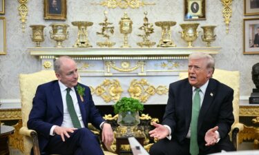US President Donald Trump meets with Taoiseach of Ireland Micheál Martin during a bilateral meeting in the Oval Office of the White House in Washington
