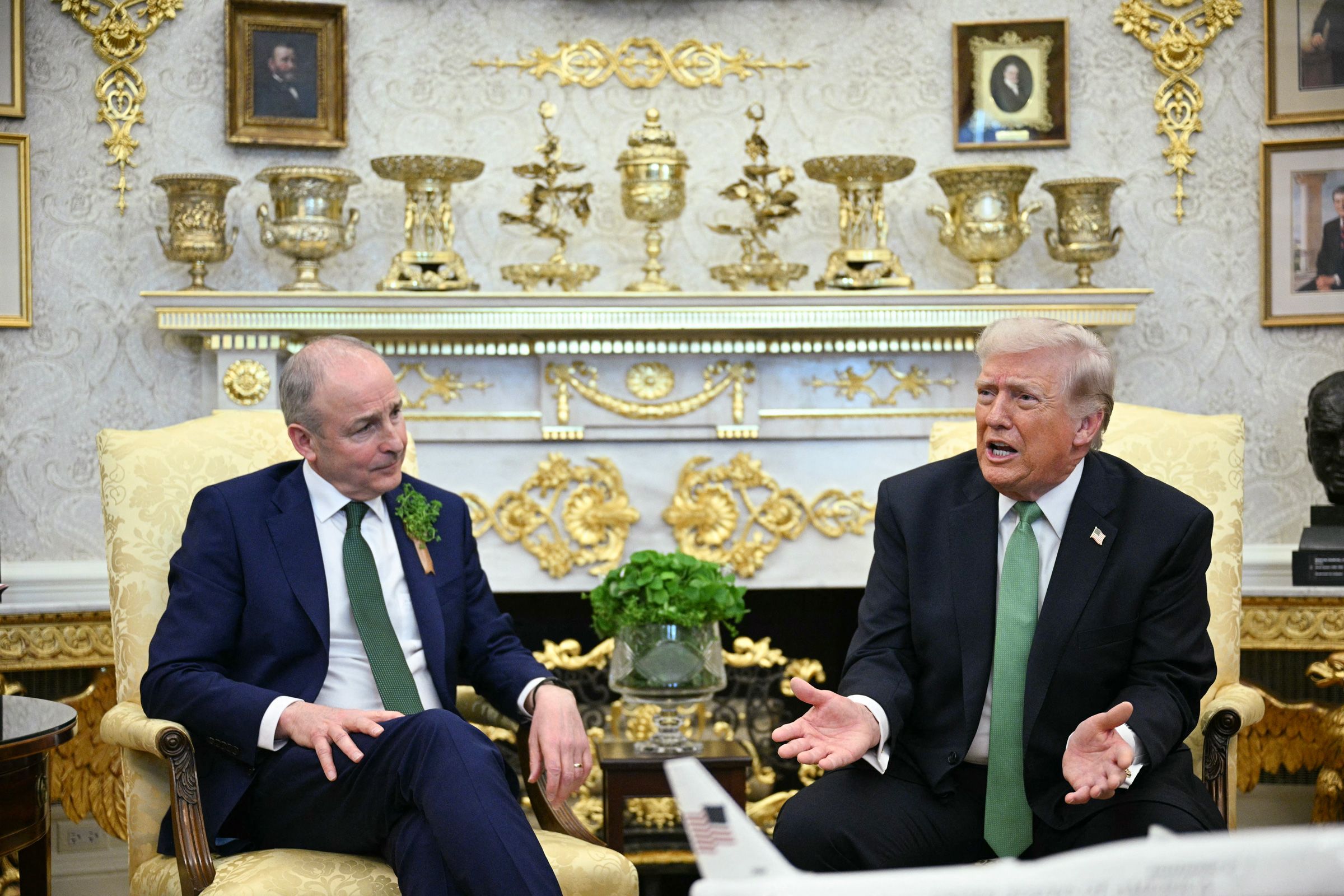 <i>Jim Watson/AFP/Getty Images via CNN Newsource</i><br/>US President Donald Trump meets with Taoiseach of Ireland Micheál Martin during a bilateral meeting in the Oval Office of the White House in Washington