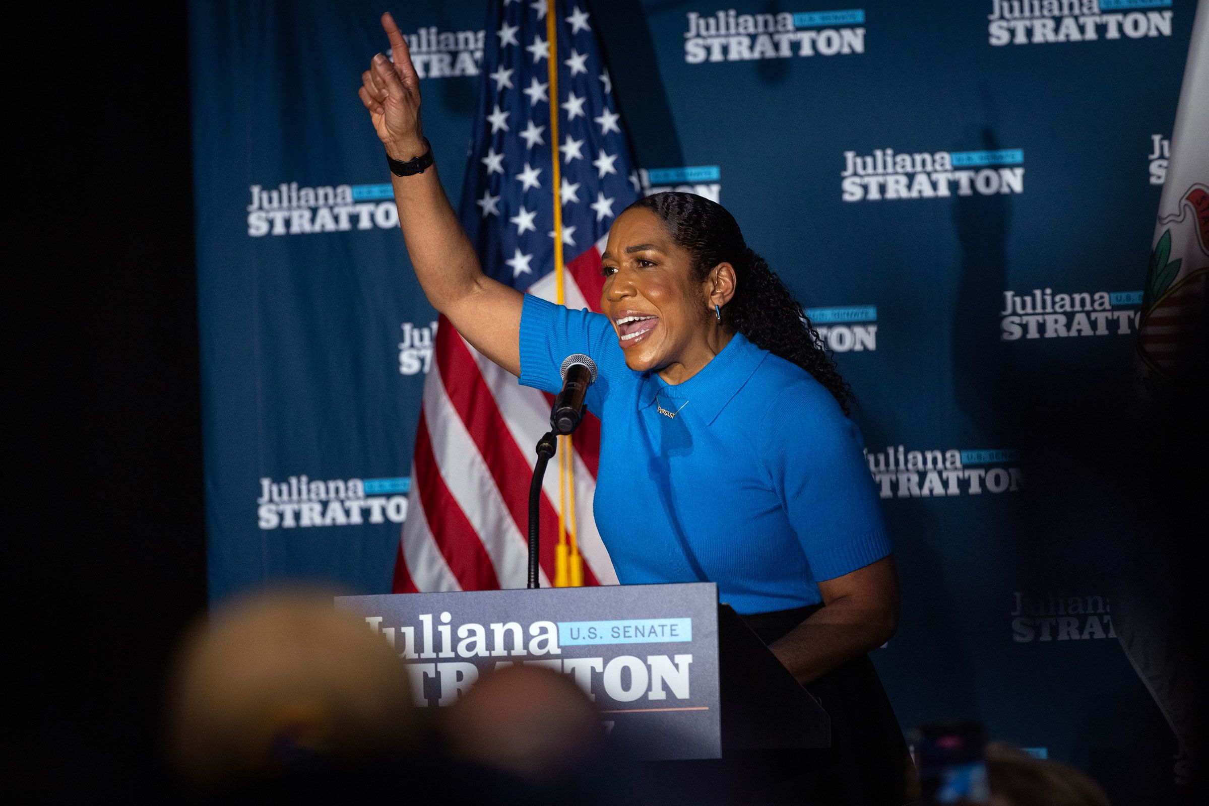 <i>Scott Olson/Getty Images via CNN Newsource</i><br/>Illinois Democratic Senate candidate Lt. Gov. Juliana Stratton speaks to voters during a campaign stop in Chicago