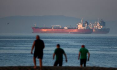 Oil tankers sit anchored off the coast of Seal Beach in California