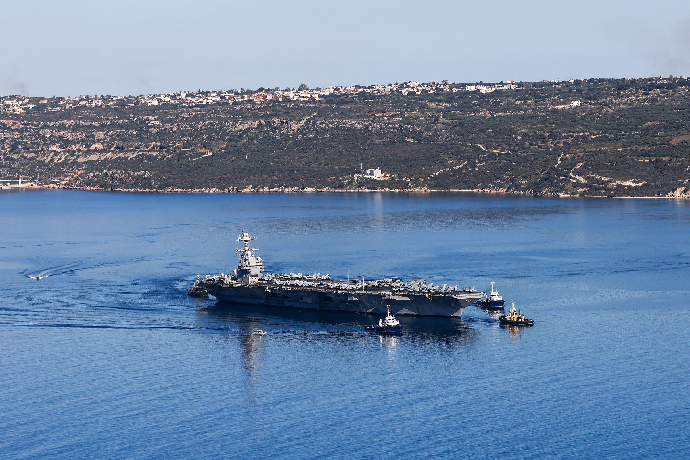 <i>Costas Metaxakis/AFP/Getty Images/File via CNN Newsource</i><br/>The US Navy aircraft carrier USS Gerald R. Ford departs Souda Bay on the island of Crete on February 26.