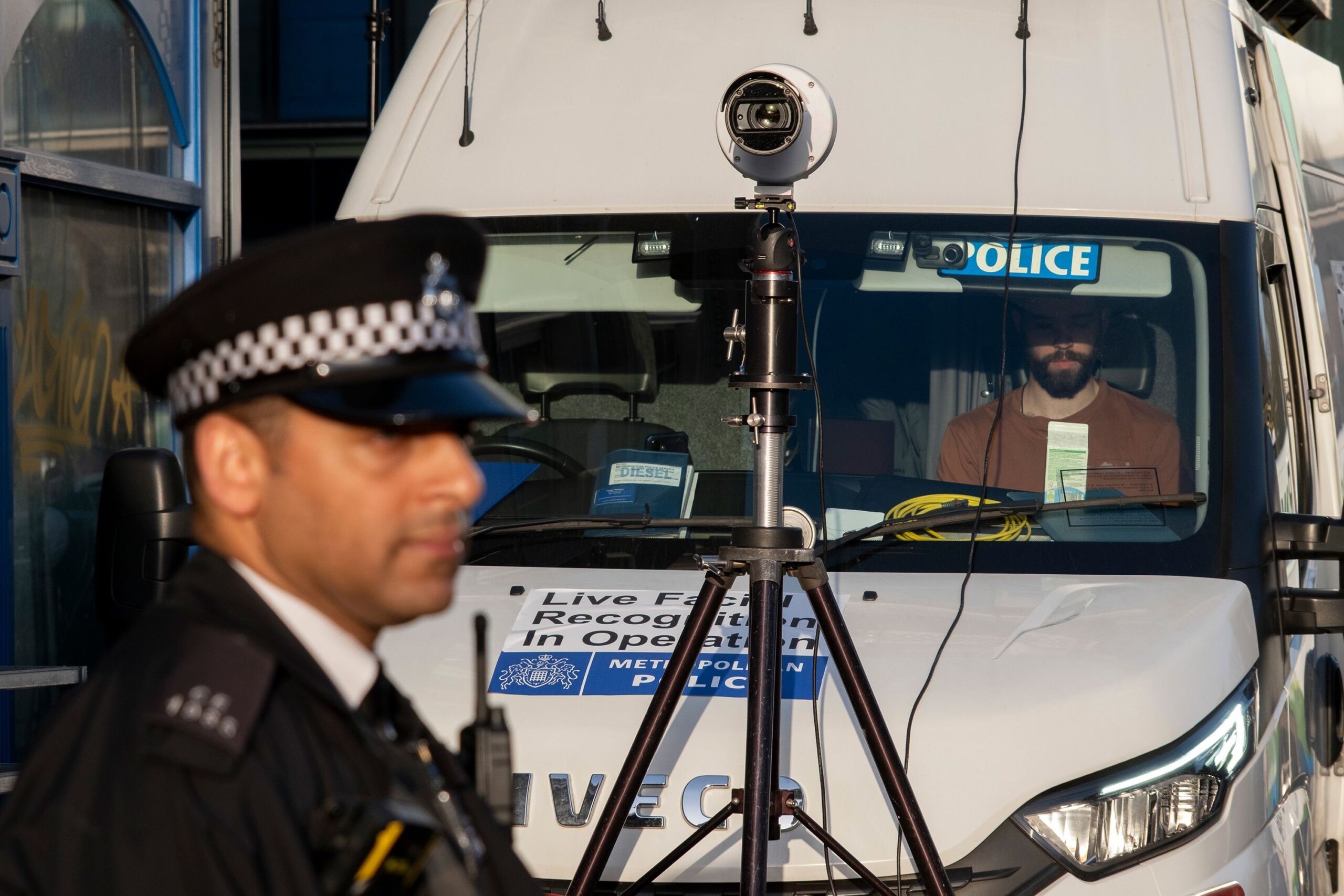 <i>Mike Kemp/In Pictures/Getty Images via CNN Newsource</i><br/>Metropolitan Police Live Facial Recognition cameras at Whitechapel Market on Whitechapel High Street on 25th February 2026 in London