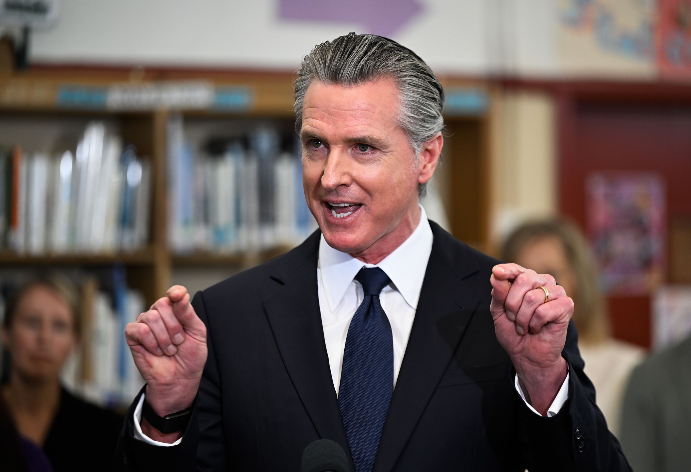 <i>Tayfun Coskun/Anadolu/Getty Images via CNN Newsource</i><br/>Governor Gavin Newsom speaks at San Lorenzo High School in San Lorenzo