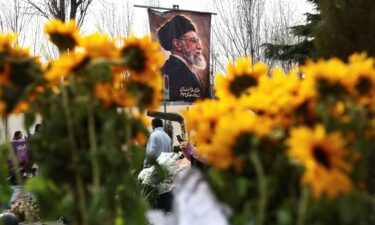 Roses and a candle rest on a photo said to be of an Iranian protester
