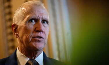 Senator Thom Tillis speaks to members of the media in February.