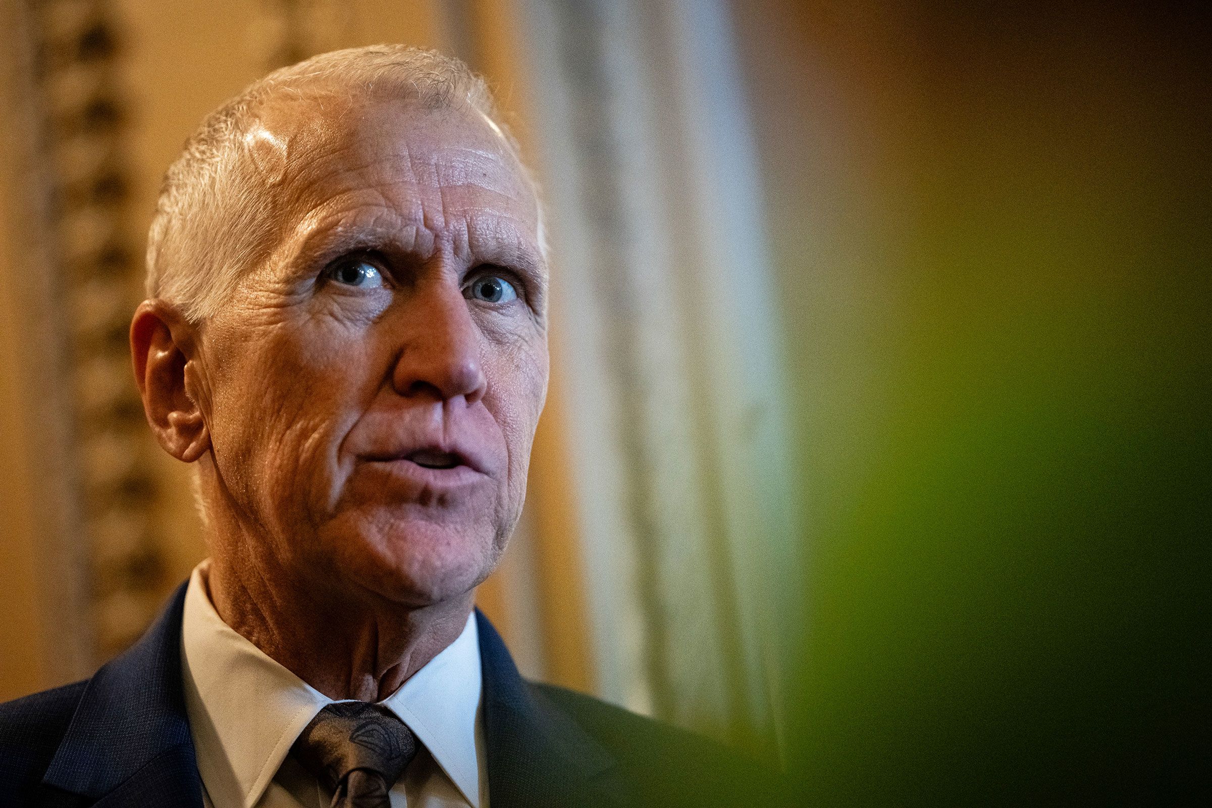 <i>Graeme Sloan/Bloomberg/Getty Images/File via CNN Newsource</i><br/>Senator Thom Tillis speaks to members of the media in February.