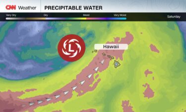 The yellow and orange shadings show the plume of moisture that will fuel heavy rain in Hawaii through this weekend.