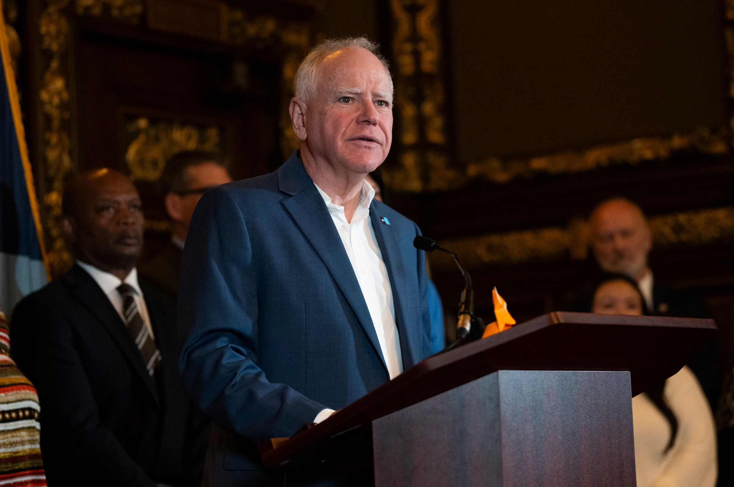 <i>Stephen Maturen/Getty Images via CNN Newsource</i><br/>Minnesota Gov. Tim Walz speaks during a news conference at the State Capitol building on February 3