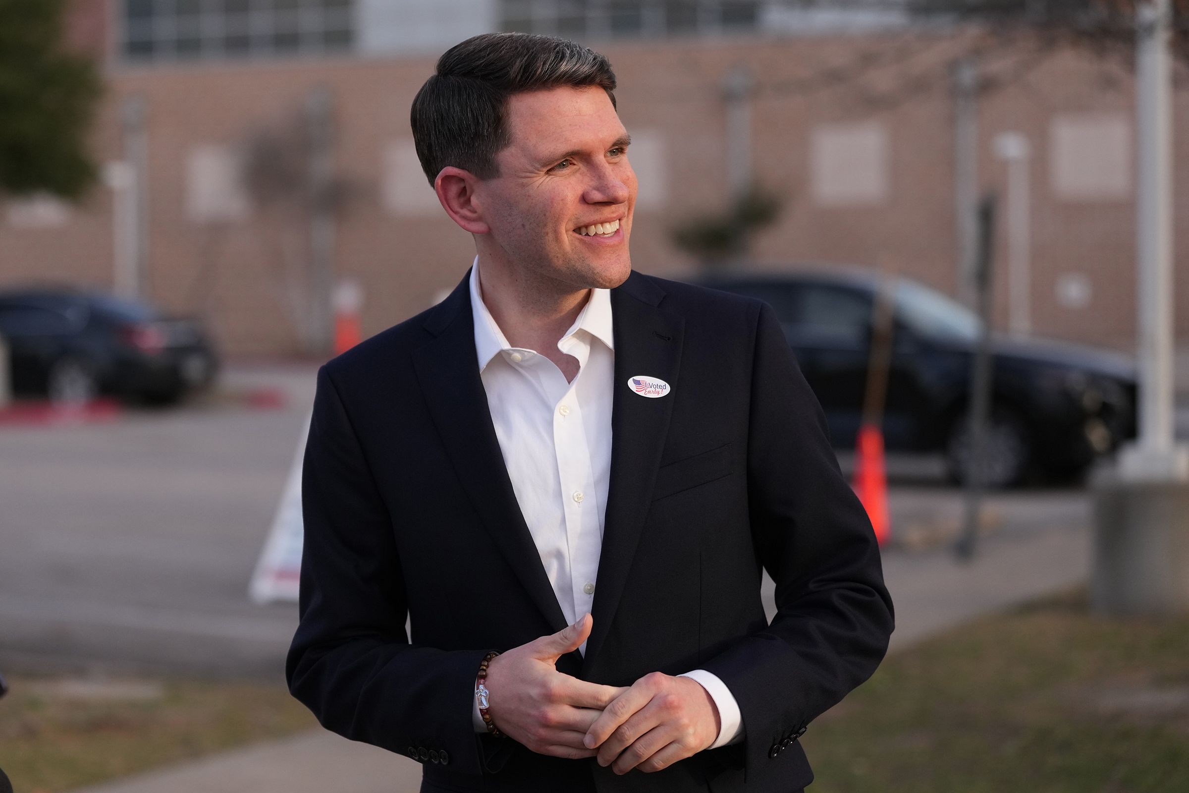 <i>Eric Gay/AP via CNN Newsource</i><br/>Texas state Rep. James Talarico speaks to the media after voting in Austin
