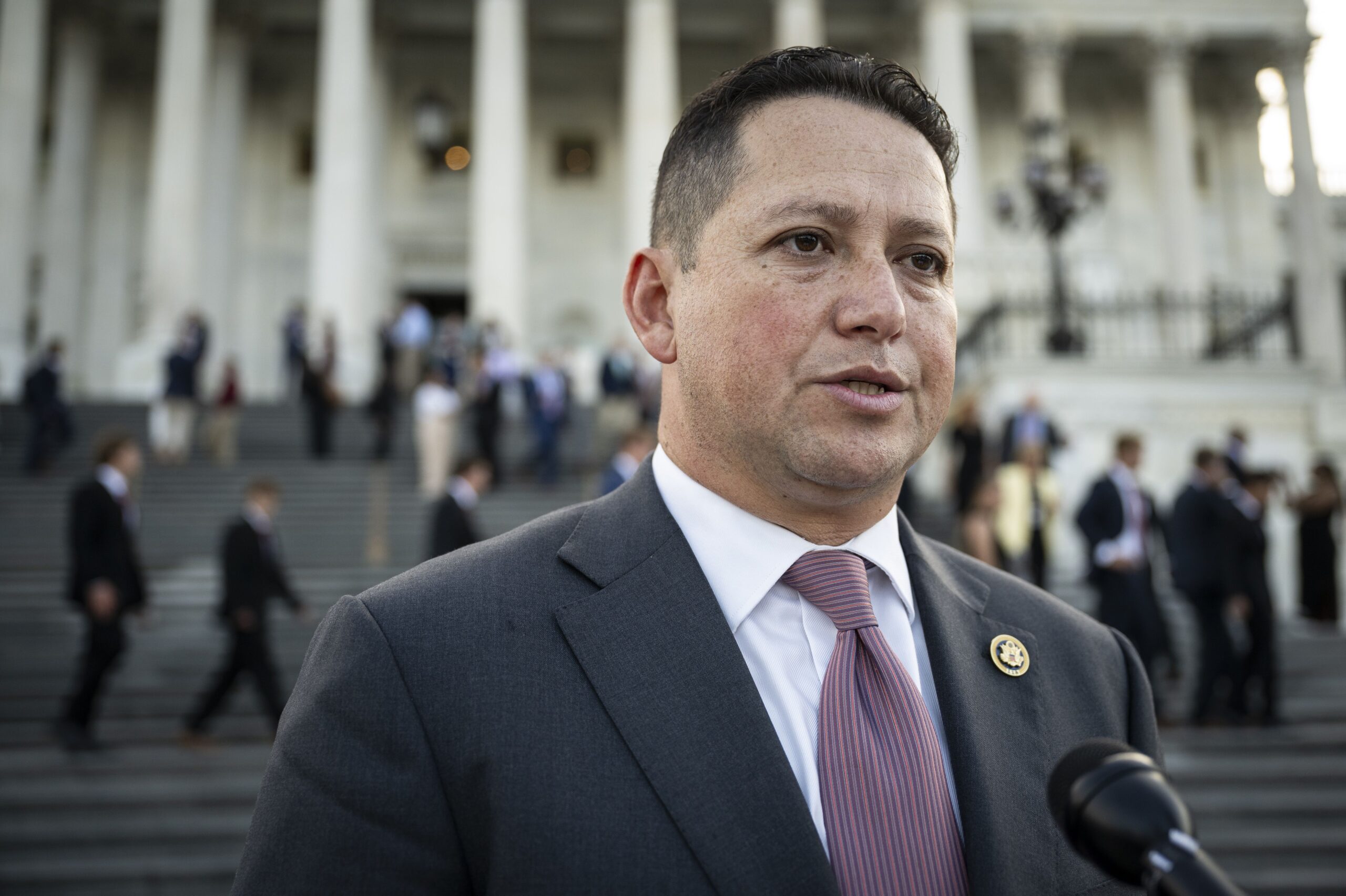 <i>Graeme Sloan/Sipa USA/AP/File via CNN Newsource</i><br/>Representative Tony Gonzales speaks to media outside the US Capitol