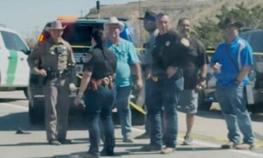 Law enforcement officers surround a crashed vehicle after pursuing the driver in a car chase along Interstate 10 near Van Horn