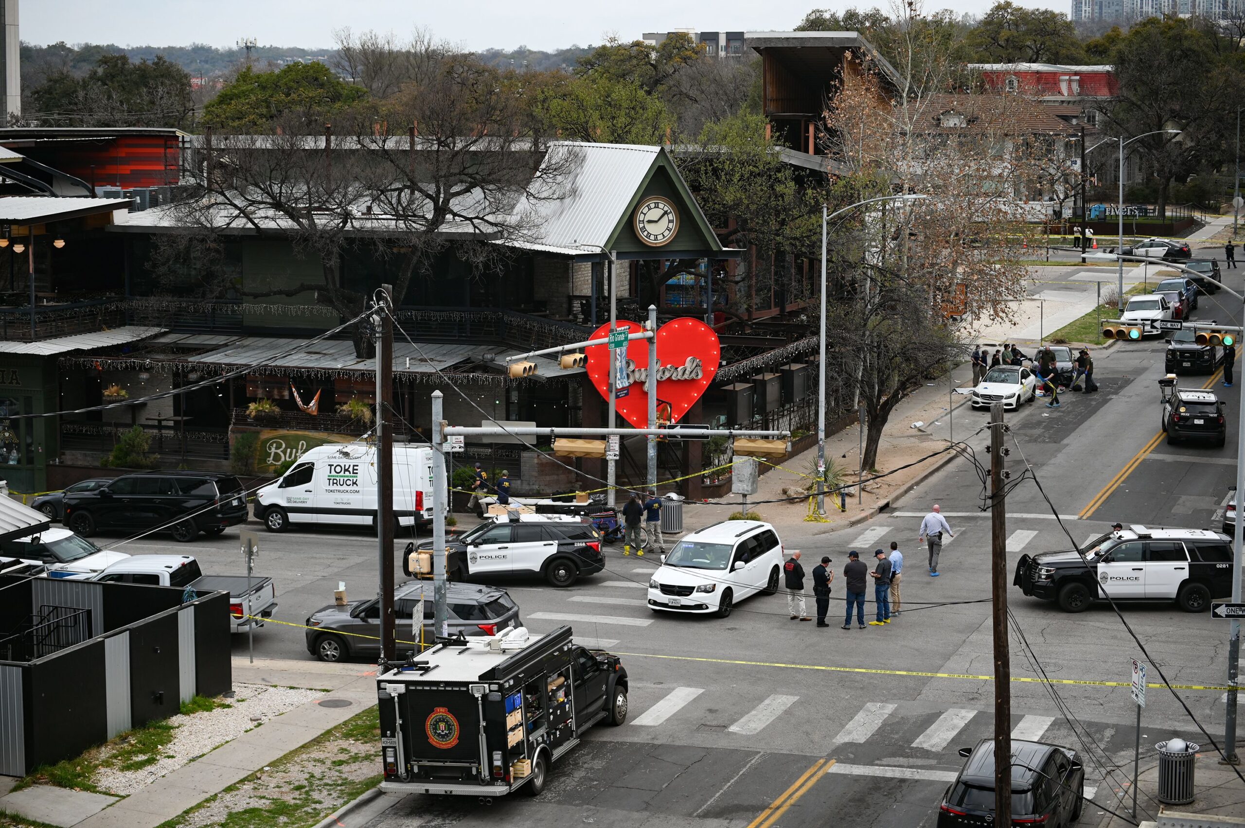 <i>Jack Myer/AP via CNN Newsource</i><br/>The Austin Police Department and the FBI continue to investigate the mass shooting that occurred at the bustling Sixth Street entertainment district on March 1.