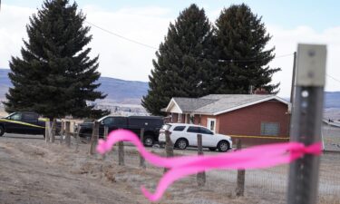A pink ribbon hangs March 5 on a pole in front of the house where a woman was killed in Lyman
