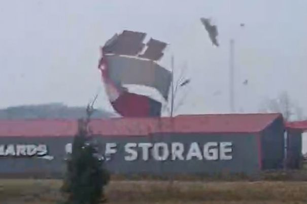 <i>Lindsey Whitaker via CNN Newsource</i><br/>A tornado rips off part of the roof of a Menard’s store in Three Rivers