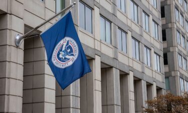 A Department of Homeland Security flag is seen outside the ICE headquarters in Washington