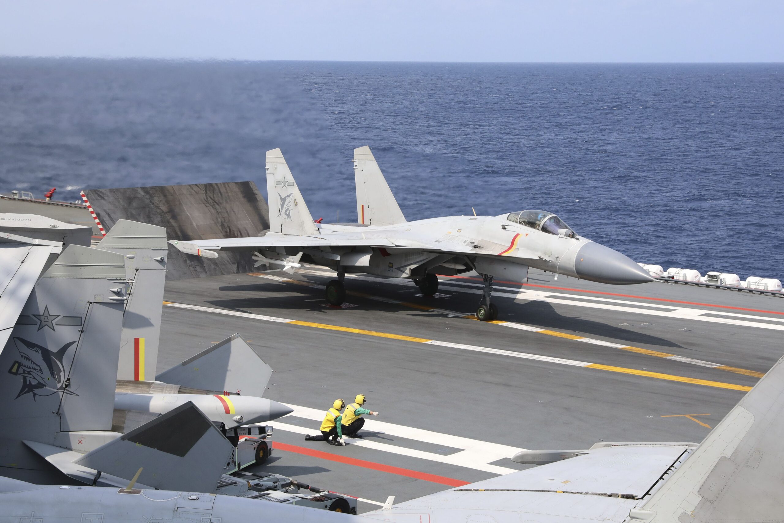 <i>An Ni/AP via CNN Newsource</i><br/>A J-15 Chinese fighter jet prepares to take off from the Shandong aircraft carrier during a combat readiness patrol on April 9