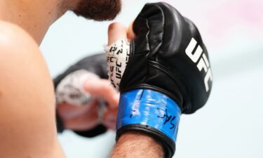 The gloves of a UFC fighter during a welterweight fight