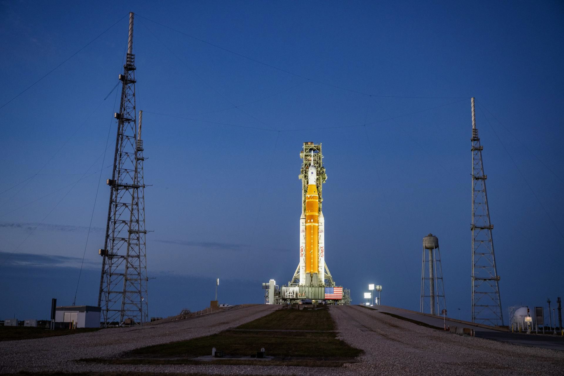 <i>Keegan Barber/NASA via CNN Newsource</i><br/>NASA’s Artemis II Space Launch System (SLS) rocket and Orion spacecraft are seen illuminated by lights at Launch Complex 39B