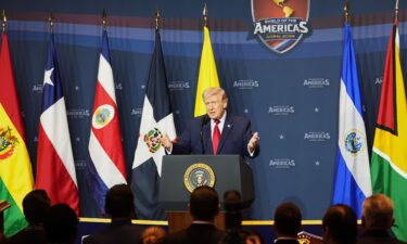 President Donald Trump speaks at the Shield of the Americas Summit