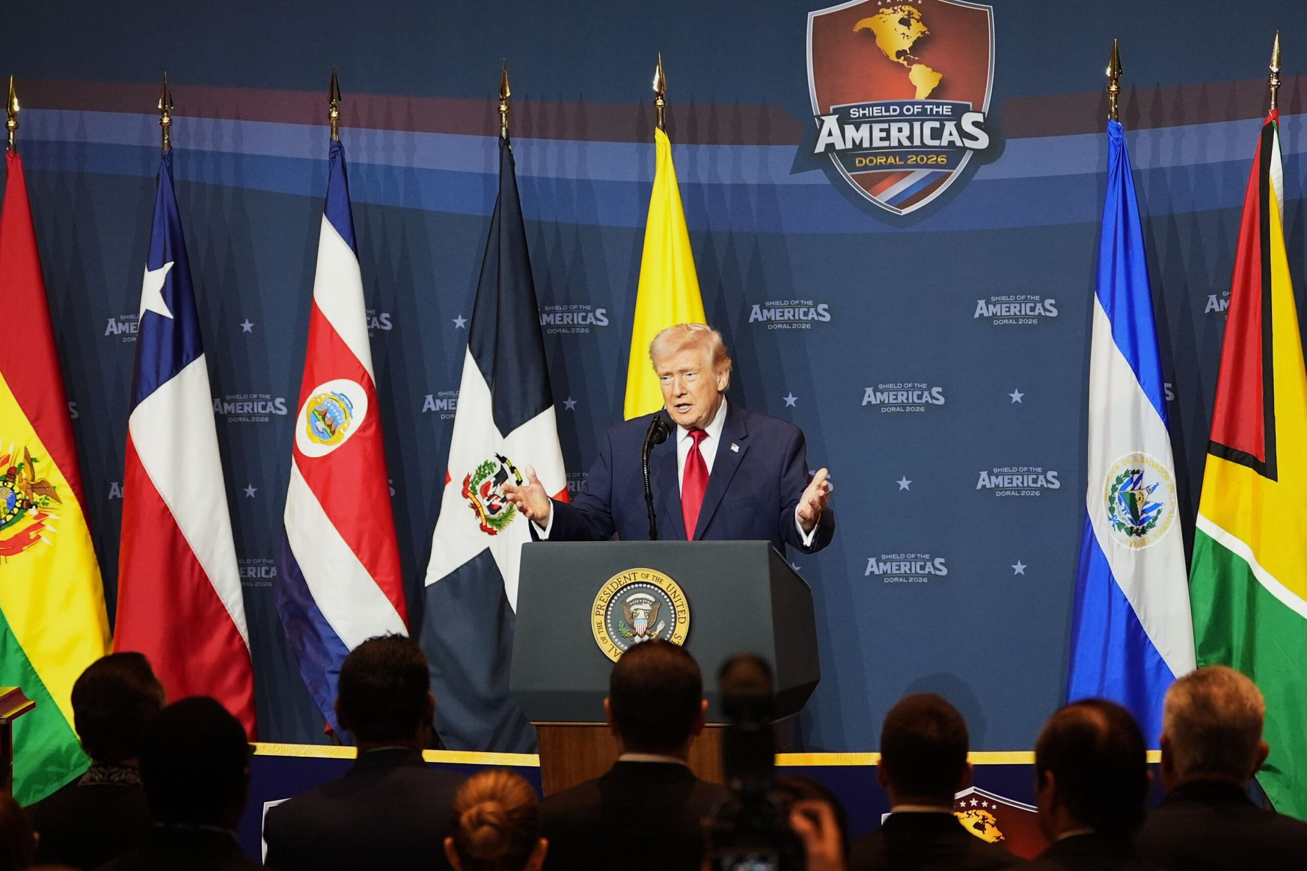 <i>Rebecca Blackwell/AP via CNN Newsource</i><br/>President Donald Trump speaks at the Shield of the Americas Summit