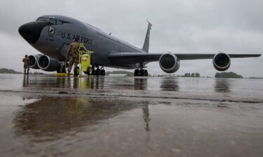 An Ohio Air National Guard KC-135 Stratotanker sits on the flight line during Live in ‘25 at Wilmington Air Park in Wilmington Ohio