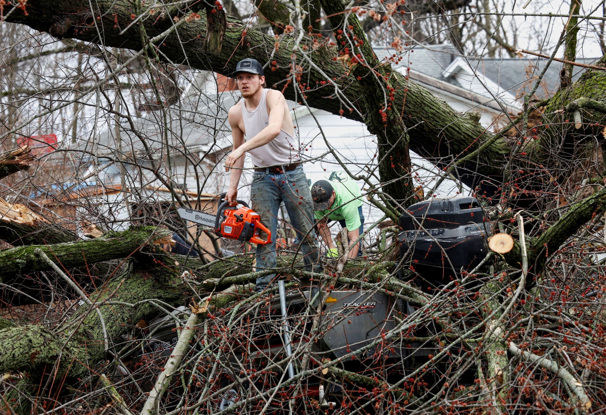 <i>Scott Olson/Getty Images via CNN Newsource</i><br/>A home is heavily damaged after being hit by a tornado in Lake Village