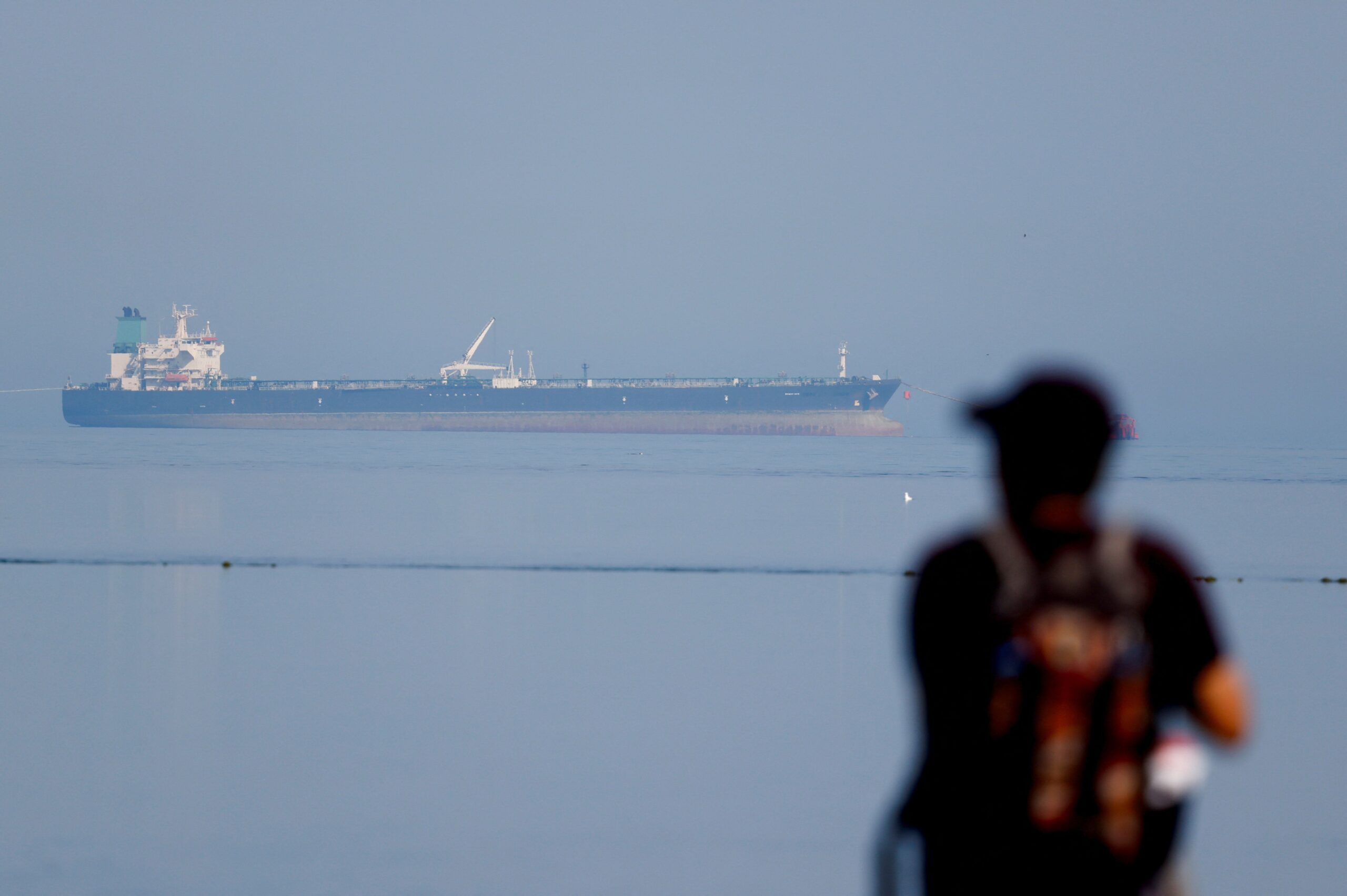 <i>Amit Dave/Reuters via CNN Newsource</i><br/>A tourist watches the MT Desert Kite oil tanker carrying Russian oil at Narara Marine National Park in the Arabian Sea