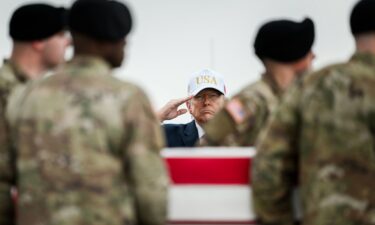 President Donald Trump attends the dignified transfer of the remains of six US service members killed in an Iranian drone strike in Kuwait