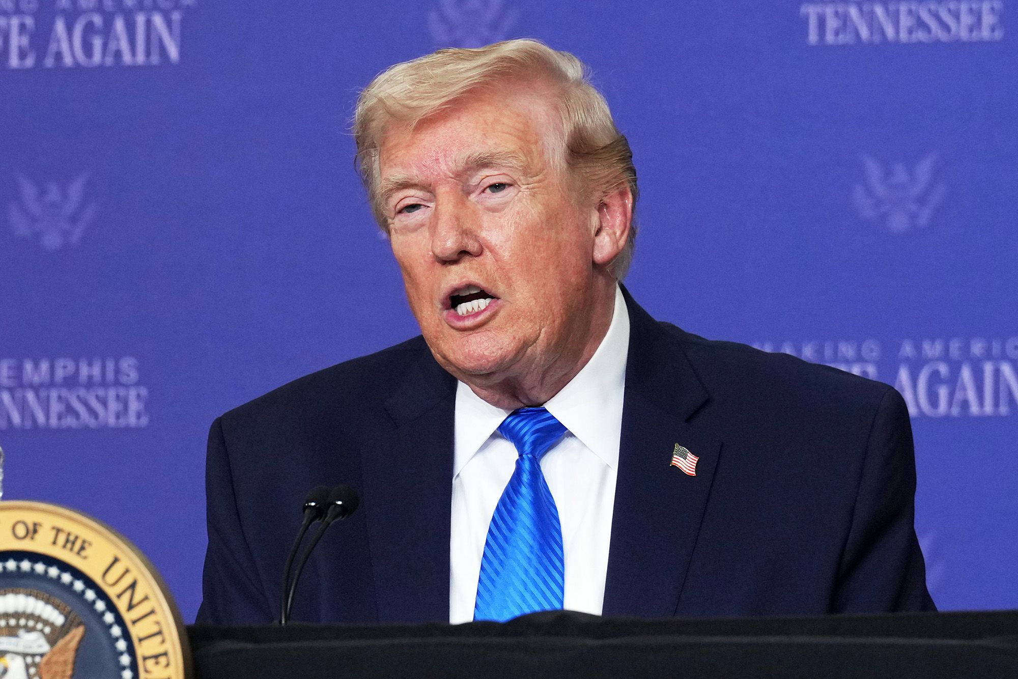 <i>Mark Schiefelbein/AP via CNN Newsource</i><br/>President Donald Trump participates in a roundtable discussion on public safety at a Tennessee Air National Guard Base on Monday.