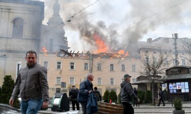Fire and smoke rise above the city center following a Russian drone attack in Lviv