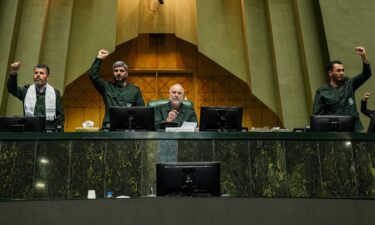Iranian Parliament Speaker Mohammad Bagher Ghalibaf looks on as parliamentarians chant in support of the Islamic Revolutionary Guard Corps (IRGC) in Tehran on February 1.