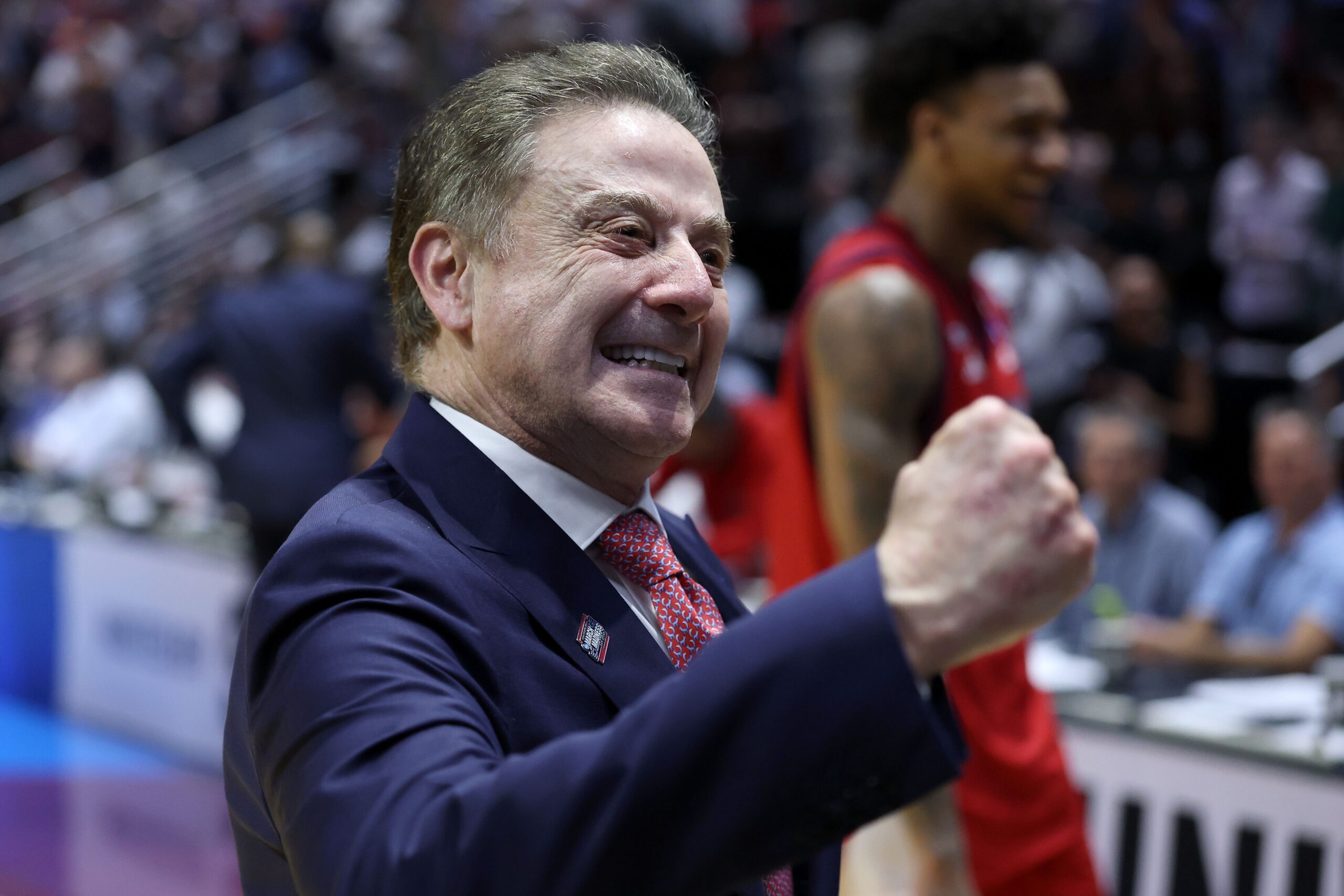 <i>Sean M. Haffey/Getty Images via CNN Newsource</i><br/>Head coach Rick Pitino of the St. John's Red Storm celebrates a 67-65 victory against the Kansas Jayhawks after the game in the second round of the 2026 NCAA Men's Basketball Tournament.