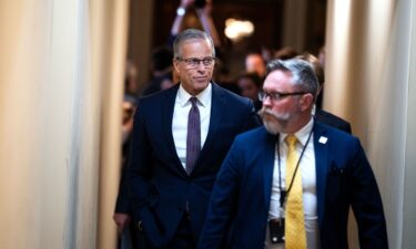 Senate Majority Leader John Thune is seen after speaking with reporters about DHS funding
