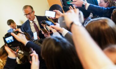 U.S. Senate Majority Leader John Thune speaks to the media at the U.S. Capitol in Washington