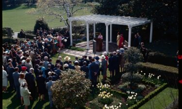 President Joe Biden and first lady Jill Biden's dog Commander sits in the Jacqueline Kennedy Garden on April 29