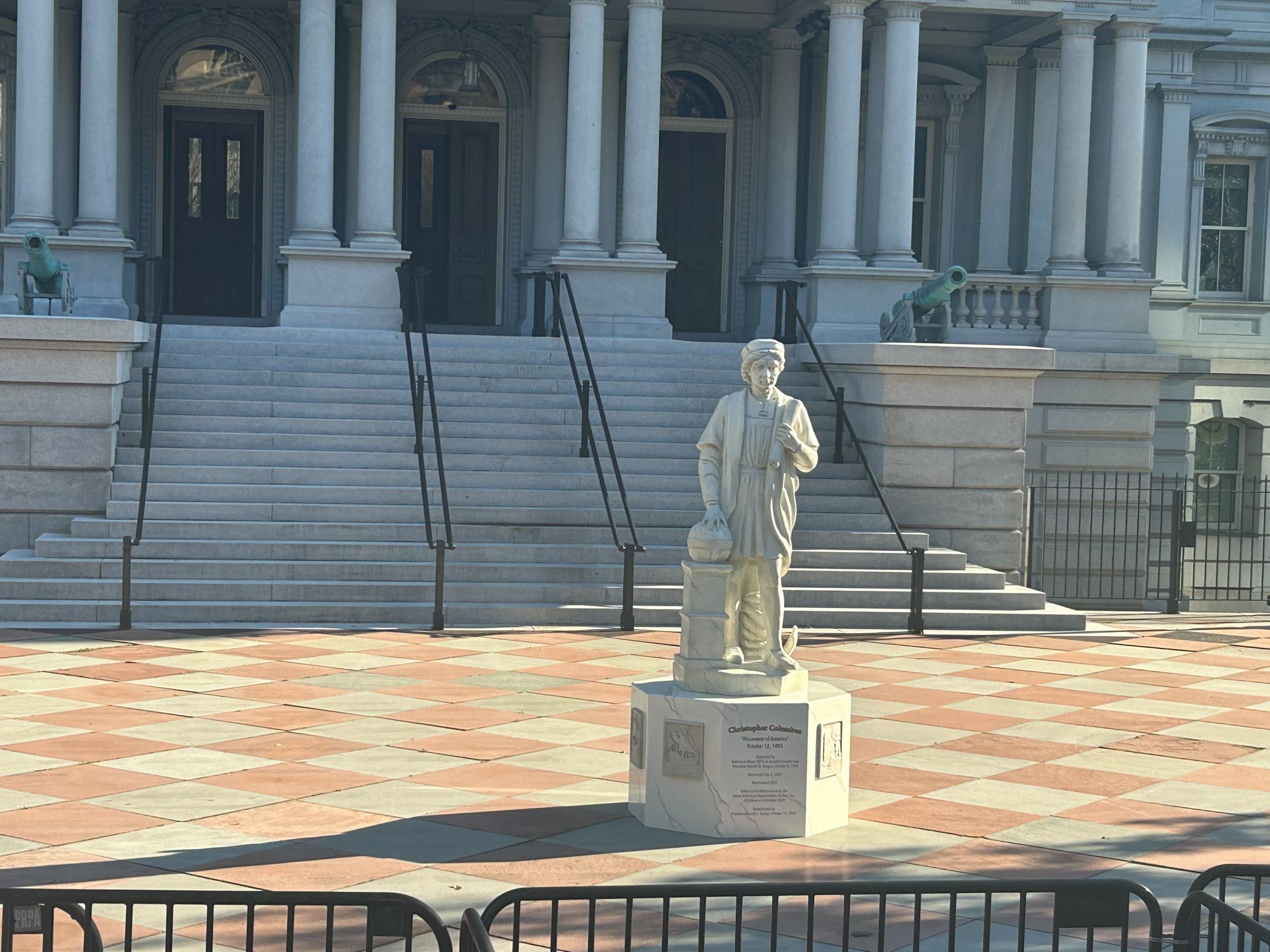 <i>Piper Hudspeth Blackburn/CNN via CNN Newsource</i><br/>A replica of a statue of Christopher Columbus that once stood in Baltimore now stands outside the Eisenhower Executive Office Building next to the White House.