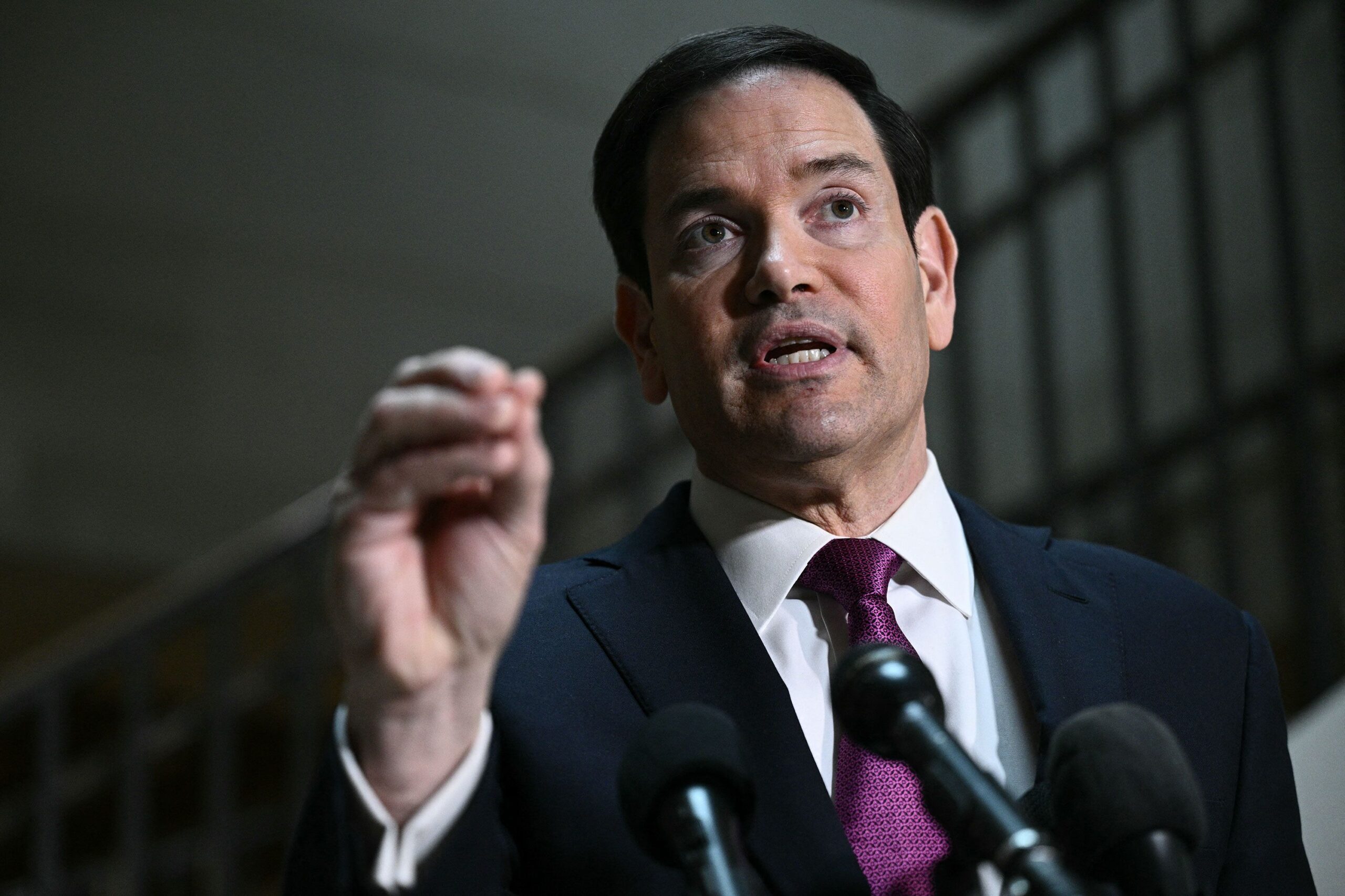 <i>Brendan Smialowski/AFP via Getty Images via CNN Newsource</i><br/>Secretary of State Marco Rubio addresses the press before briefing House and Senate leaders on US military action in Iran