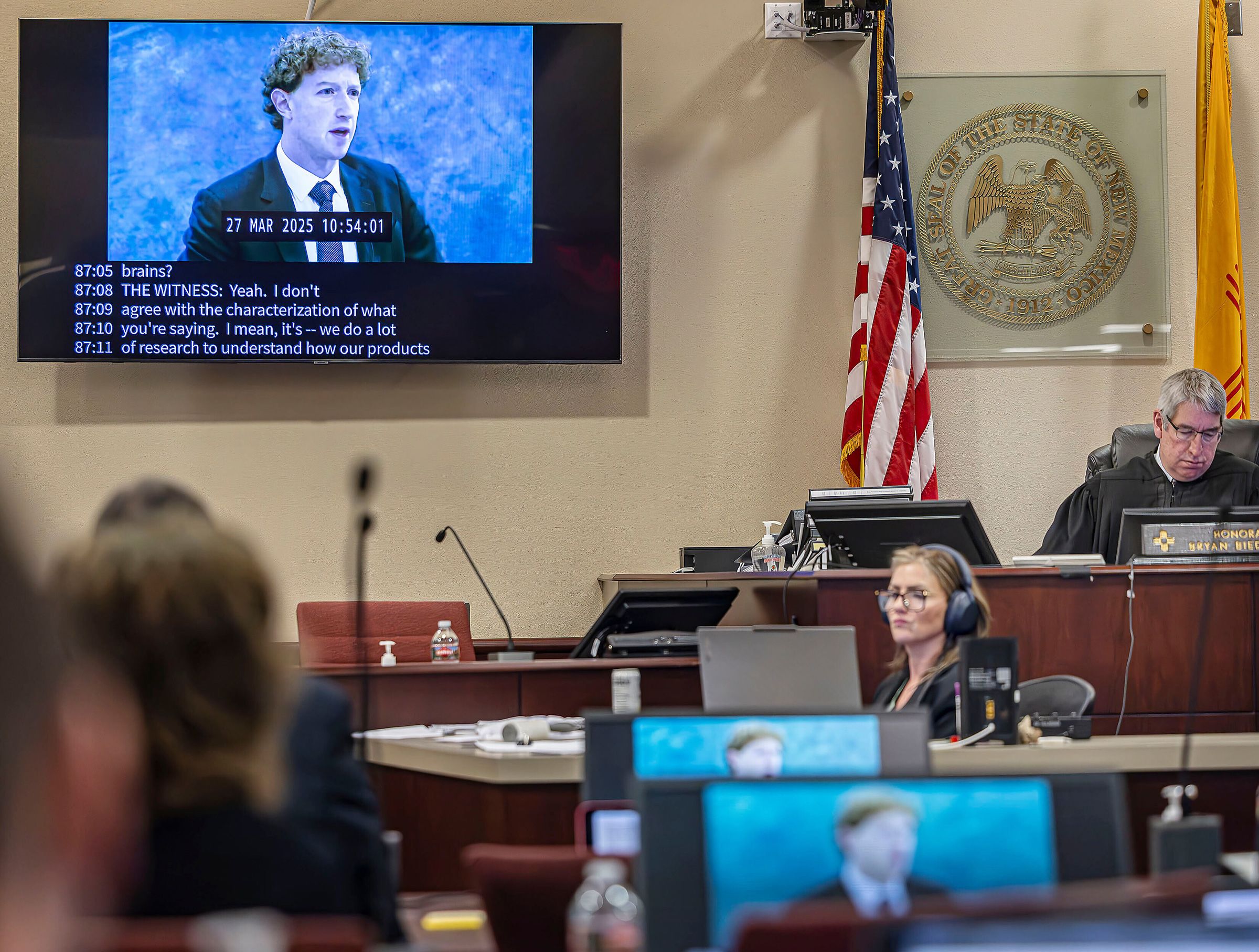 <i>Jim Weber/Santa Fe New Mexican/Pool/AP via CNN Newsource</i><br/>A recording of Meta CEO Mark Zuckerberg's deposition is played for the jurors on March 4