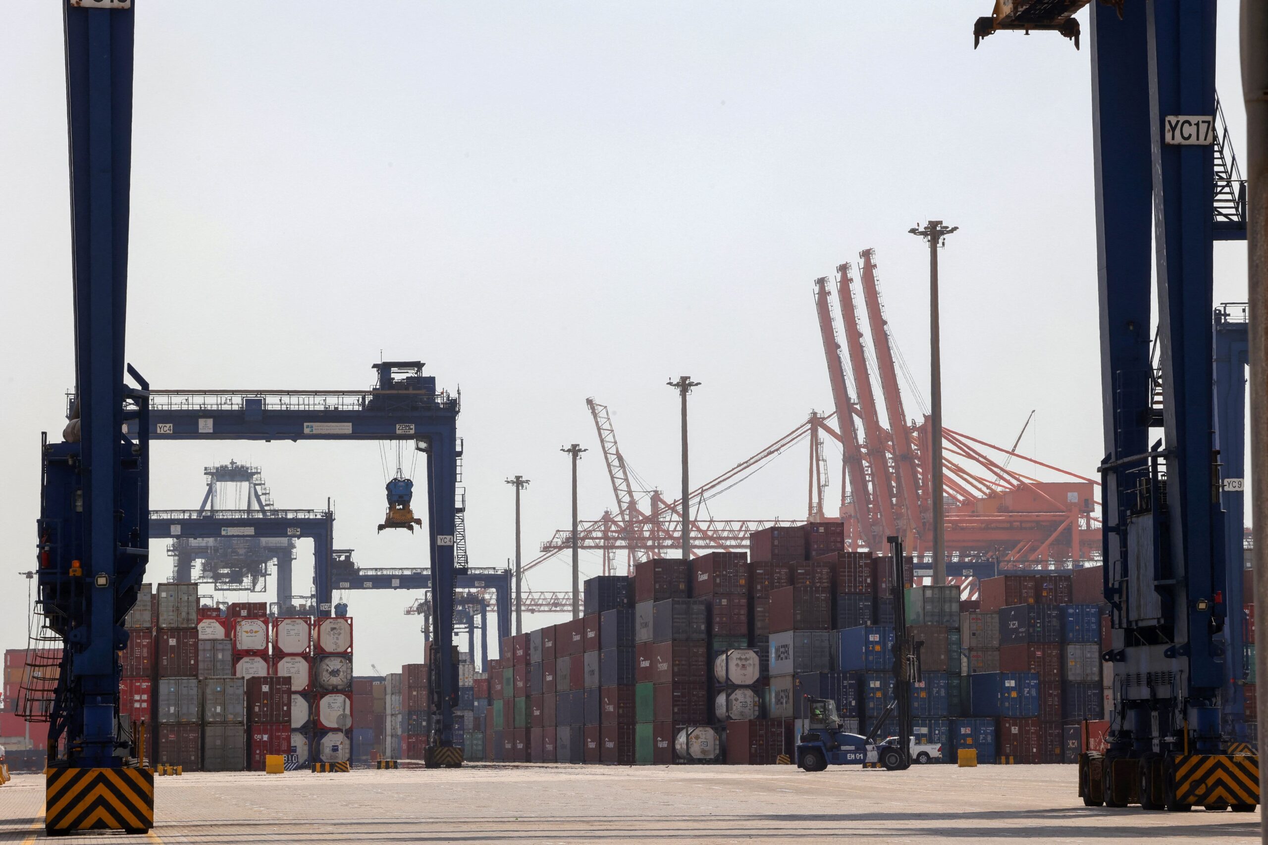 <i>Fayez Nureldine/AFP/Getty Images/File via CNN Newsource</i><br/>A file photo shows a view of cranes and shipping containers at a loading dock of Jeddah's Islamic Seaport on Saudi Arabia's western Red Sea coast on March 1