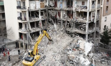 A view of a residential building damaged by a strike