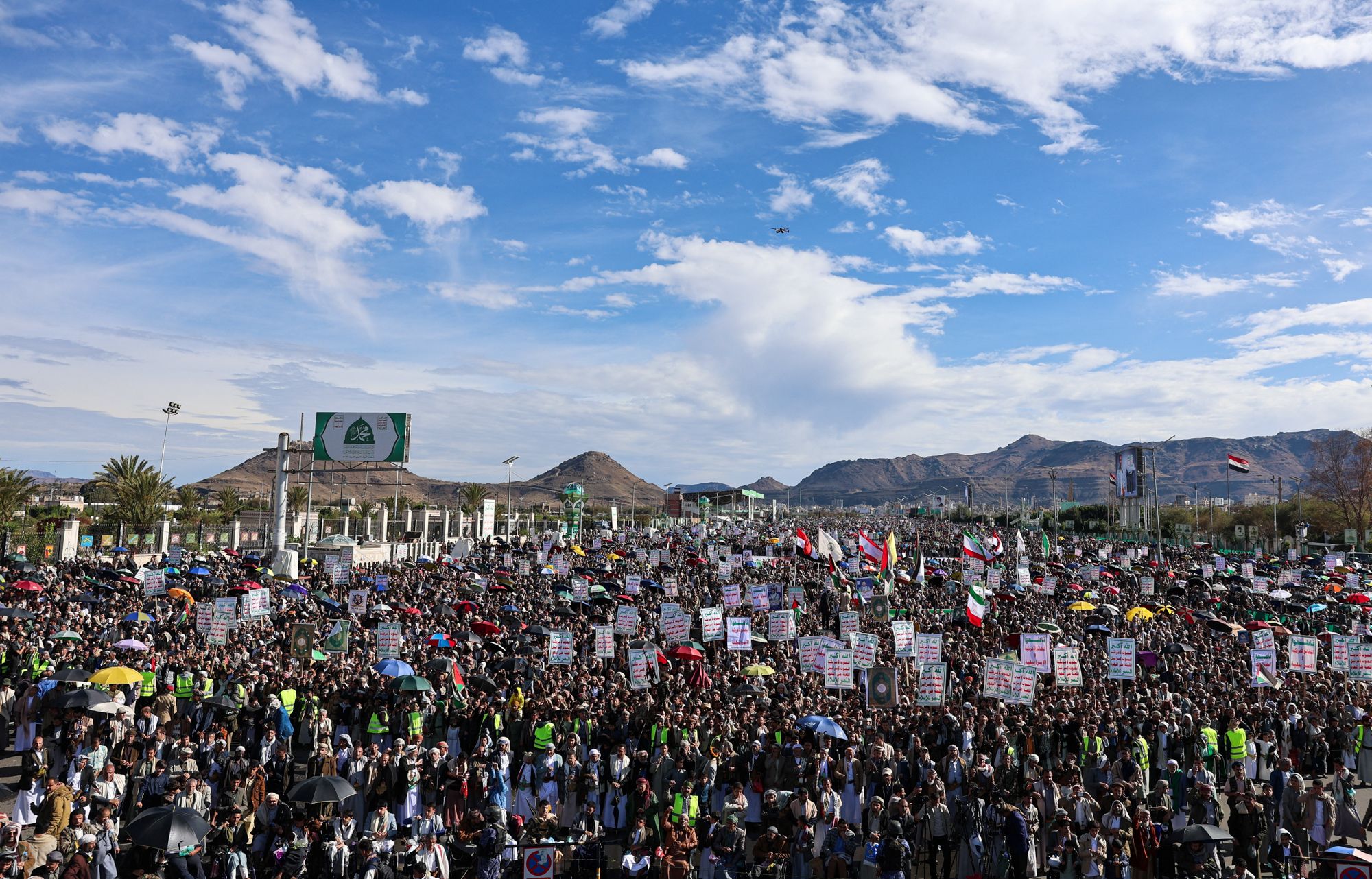 <i>Khaled Abdullah/Reuters via CNN Newsource</i><br/>Houthi supporters demonstrate in solidarity with Iran