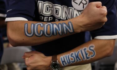 Sarah Strong #21 of the UConn Huskies takes a shot against the Notre Dame Fighting Irish during the third quarter.