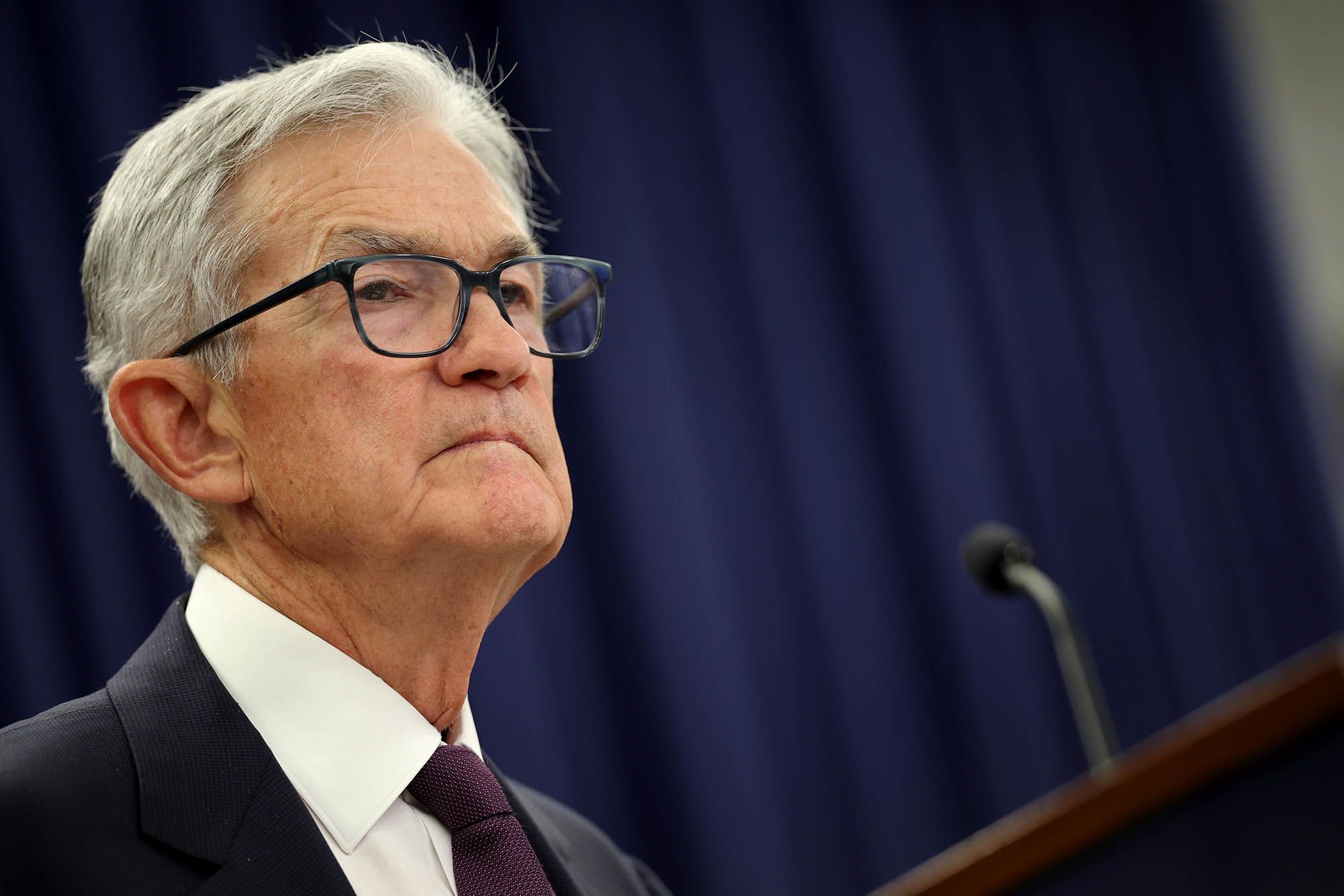 <i>Kevin Dietsch/Getty Images via CNN Newsource</i><br/>Federal Reserve Chair Jerome Powell at a press conference following a Federal Open Market Committee meeting in Washington
