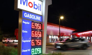 Gas prices are displayed at a Mobil gas station in Pasadena