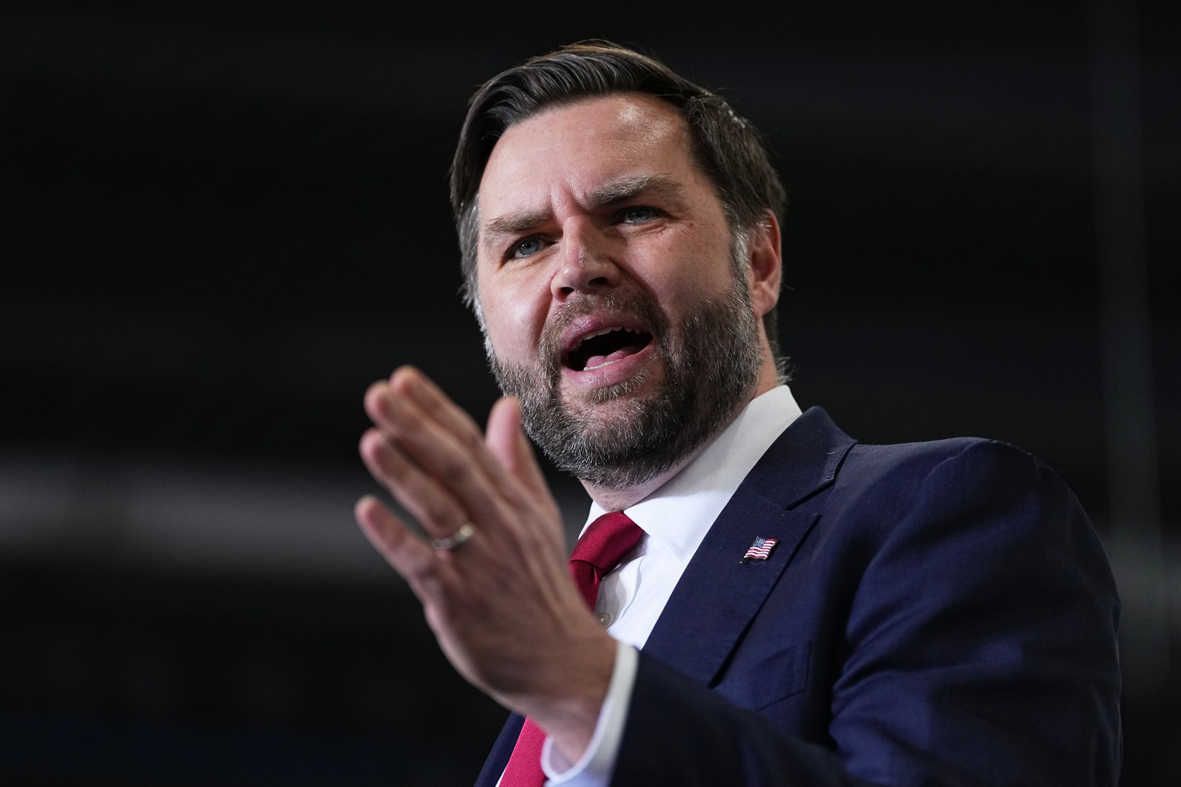 <i>Matt Rourke/Pool/Getty Images via CNN Newsource</i><br/>US Vice President JD Vance speaks at Pointe Precision on February 26 in Plover