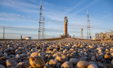 The Artemis II Space Launch System rocket and Orion spacecraft sit on the launchpad at NASA’s Kennedy Space Center in Florida.